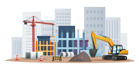 Construction site concept with excavator and material equipment illustration