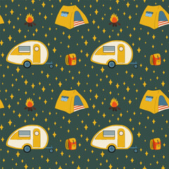 Pattern with tent and RV camping. Colorful background with a mobile home on wheels for relaxing in the forest. Camping, auto-caravan, travel. Living in nature in a camping house. Vector illustration