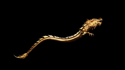 3D rendering of golden chinese glow dragon isolated on black background