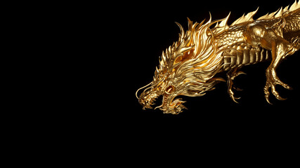 3D rendering of golden chinese glow dragon isolated on black background