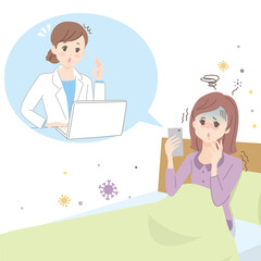 Obraz premium スマホでオンライン治療を受けている若い女性を診察する医師