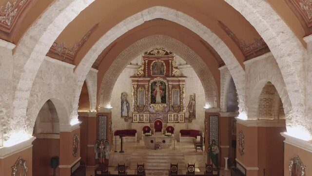 Interior Of Iglesia de Santa Barbara After Remodeling In Zona Colonial, Santo Domingo, Dominican Republic. elevated dolly-in
