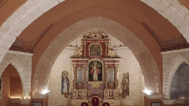 Altar And Arched Ceiling Of Santa Barbara Church In Santo Domingo, Dominican Republic. elevated dolly out