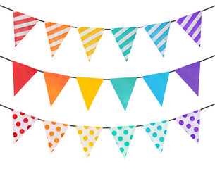 Obraz premium Watercolor illustration set of party garlands with rainbow colored triangular flags of various patterns. Hand painted watercolour graphic drawing, cut out clip art elements for design, greeting card.