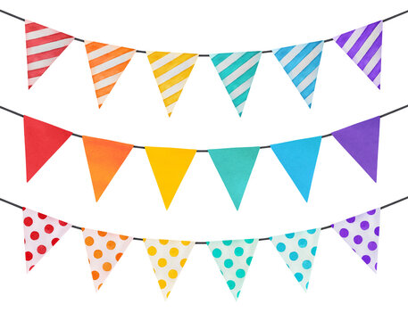 Watercolor illustration set of party garlands with rainbow colored triangular flags of various patterns. Hand painted watercolour graphic drawing, cut out clip art elements for design, greeting card.