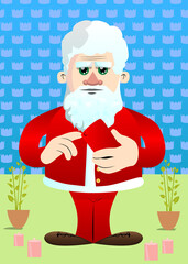 Santa Claus in his red clothes with white beard using a mobile phone. Vector cartoon character illustration.