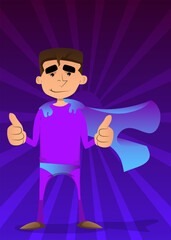 Funny cartoon man dressed as a superhero making thumbs up sign with two hands. Vector illustration.