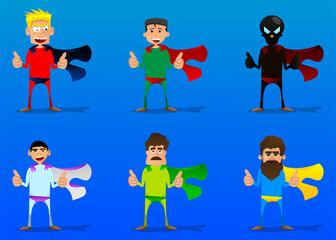 Funny cartoon man dressed as a superhero making thumbs up sign with two hands. Vector illustration.