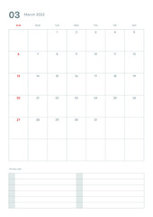 March 2022 calendar template illustration. Note, scheduler, diary, planner document template illustration.