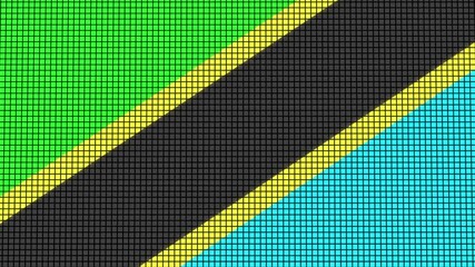 Tanzania Flag animated in pixel grid style technology background