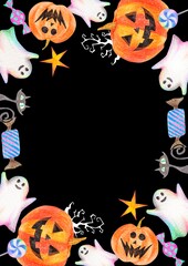 ハロウィン　背景 フレーム 黒背景　色鉛筆 イラスト 縦