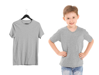Little boy in stylish t-shirt on white background