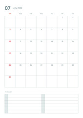 July 2022 calendar template illustration. Note, scheduler, diary, planner document template illustration.