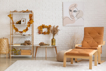 Beautiful autumn decor in interior of stylish living room