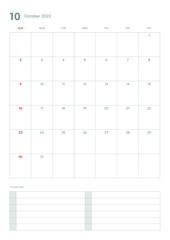 October 2022 calendar template illustration. Note, scheduler, diary, planner document template illustration.