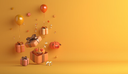 Happy Halloween with cartoon pumpkin, gift box balloon on orange background, copy space text, 3D rendering illustration.