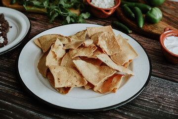 ingredients for homemade mexican green chilaquiles, nachos tortilla corn for breakfast in Mexico