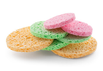 Colorful sponges for makeup cleaning on white background