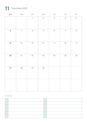 November 2022 calendar template illustration. Note, scheduler, diary, planner document template illustration.