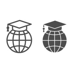 World, globe in garduation cap line and solid icon, education concept, communication study vector sign on white background, outline style icon for mobile concept and web design. Vector graphics.