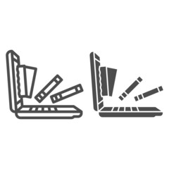 Books fall from open laptop line and solid icon, education concept, stream of knowlage vector sign on white background, outline style icon for mobile concept and web design. Vector graphics.