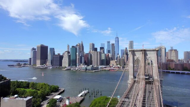 September 2021 - 4K aerial of lower Manhattan from the East River, NYC, USA