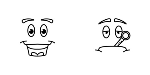 Conjunto de carita feliz y enfermo. Colección de rostro de caricatura animada. Contento y malestar. Cara animada. Ilustración vectorial