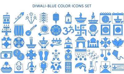 Fototapeta na wymiar Diwali blue color icons set. Included icons as Deepavali celebrate, light festival, candle, lamp, Hindu celebration more. Used for modern concepts, web, UI, UX kit and applications, EPS 10.