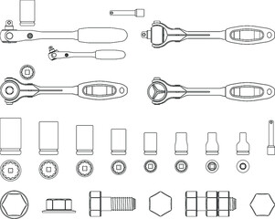 Key-lined Socket wrench kit + bolts – easy to edit 