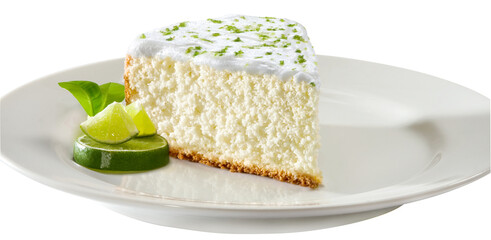 Bolo de limão em fatia no prato com decoração de limão em fundo branco para recorte.