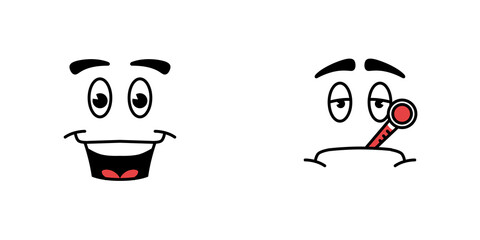 Conjunto de carita feliz y enfermo. Colección de rostro de caricatura animada. Contento y malestar. Cara animada. Ilustración vectorial
