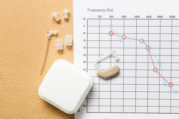 Audiogram with hearing aid and accessories on color background