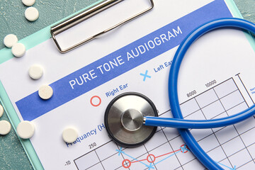 Audiogram with stethoscope and pills on color background, closeup