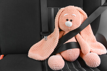 Fastened toy bunny sitting in car