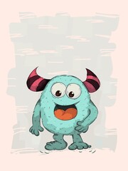 Cartoon Monster, cute comic alien, design for your works such print, party decoration, t-shirt, illustration, logo, emblem, sticker, card, etc.