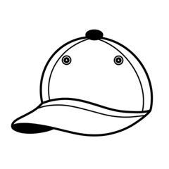 Baseball cap vector icon. Hand-drawn headdress isolated on white background. Hiking accessory for sun protection. Clothes sketch. Outline on the brimmed hat. Monochrome illustration.
