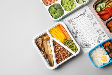 Containers with healthy food and meal plan on grey background, closeup