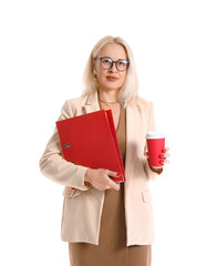 Portrait of mature businesswoman with coffee on white background