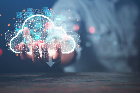 Business men display online business information in cloud data format to analyze business technology Business cloud development concept
