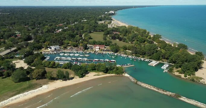 Aerial view of the Wilmette Harbor and the Lake Michigan shoreline in Wilmette, Illinois. USA
