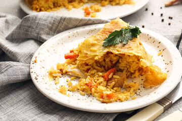 Plate with tasty Shah Pilaf on table