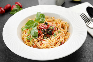 Plate with tasty Pasta Puttanesca on dark background