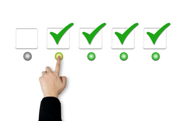 Hand of a businessman selecting a check mark on a white background. concept of choosing the right...