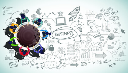 Fototapeta premium Businessman and woman brainstorm success with Coffee cup, plan,think,search,analyze,communicate, futuristic idea innovation technology modern.vector