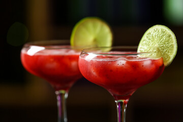 Glasses of tasty strawberry margarita on table in bar