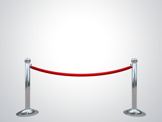 立入禁止の銀のポールと赤いロープに白背景のコピースペース