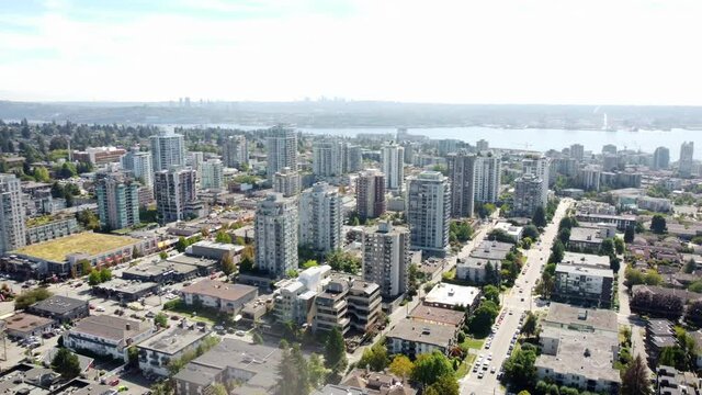 Aerial video of North Vancouver, British Columbia residential area on a beautiful sunny day.