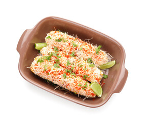 Baking dish with tasty Elote Mexican Street Corn on white background