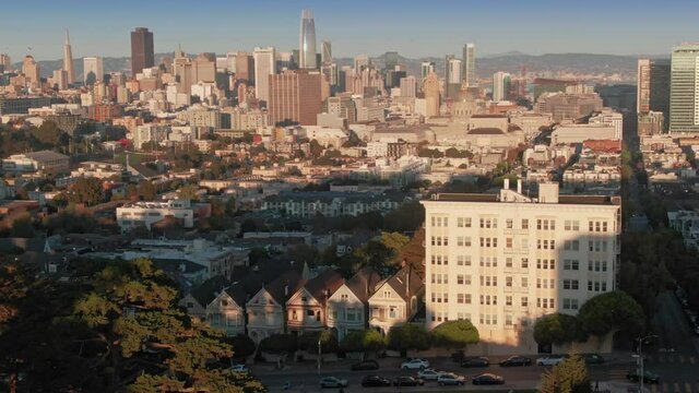 Aerial: Painted Ladies houses in Hayes Valley, San Francisco