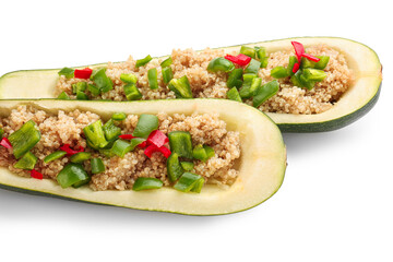 Quinoa stuffed zucchini boats on white background, closeup